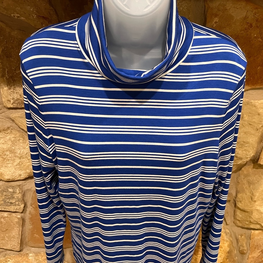 Talbots Therma Warmth Striped Turtleneck Shirt Medium Royal Blue White Pullover